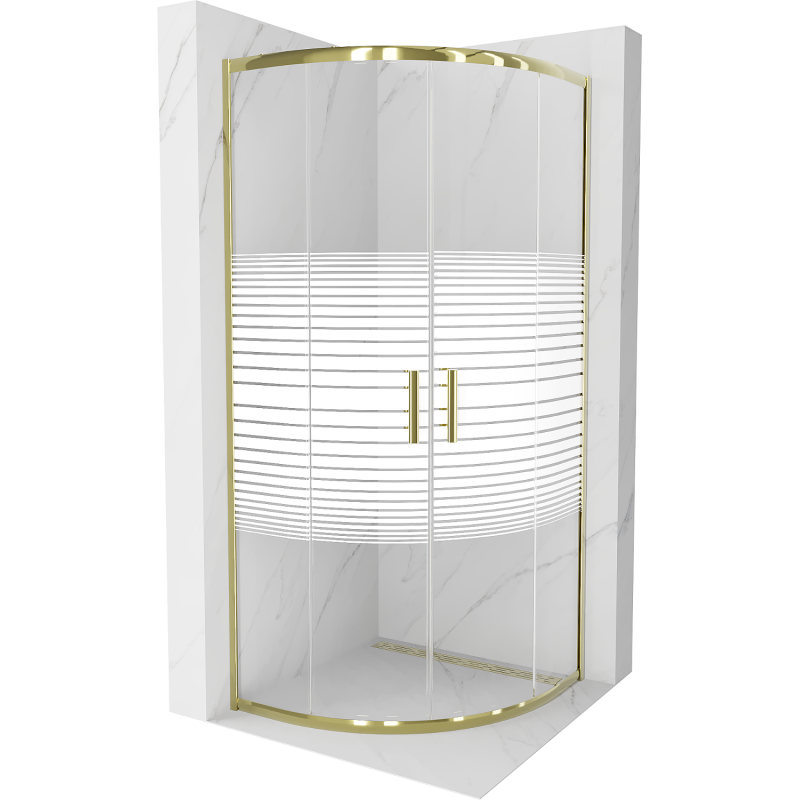 Mexen Rio Cabina de ducha semicircular 80 x 80 cm, franjas blancas, dorada - 863-080-080-50-20