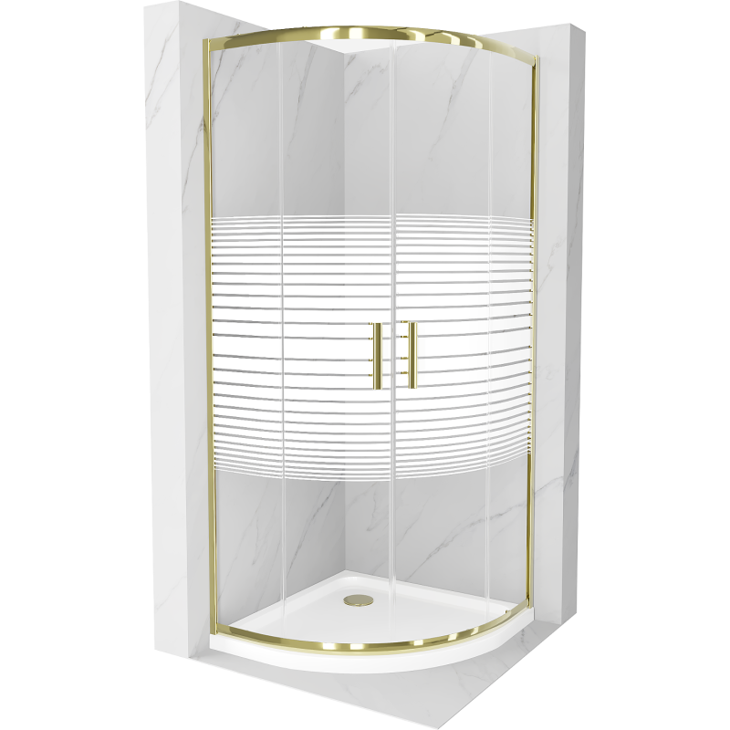 Mexen Rio halvrund duschkabin 90 x 90 cm, vita ränder, guld + Flat duschkar, vit - 863-090-090-50-20-4110G