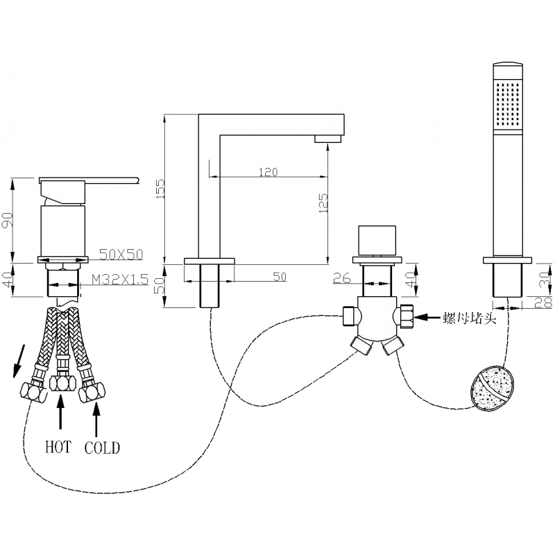 Mexen Cube badkarsblandare, svart - 72932-70