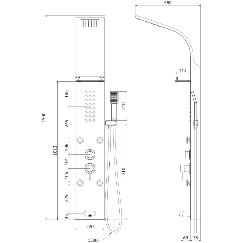 Mexen Adrox duschpanel med utloppspip, svart - 7613-04-70