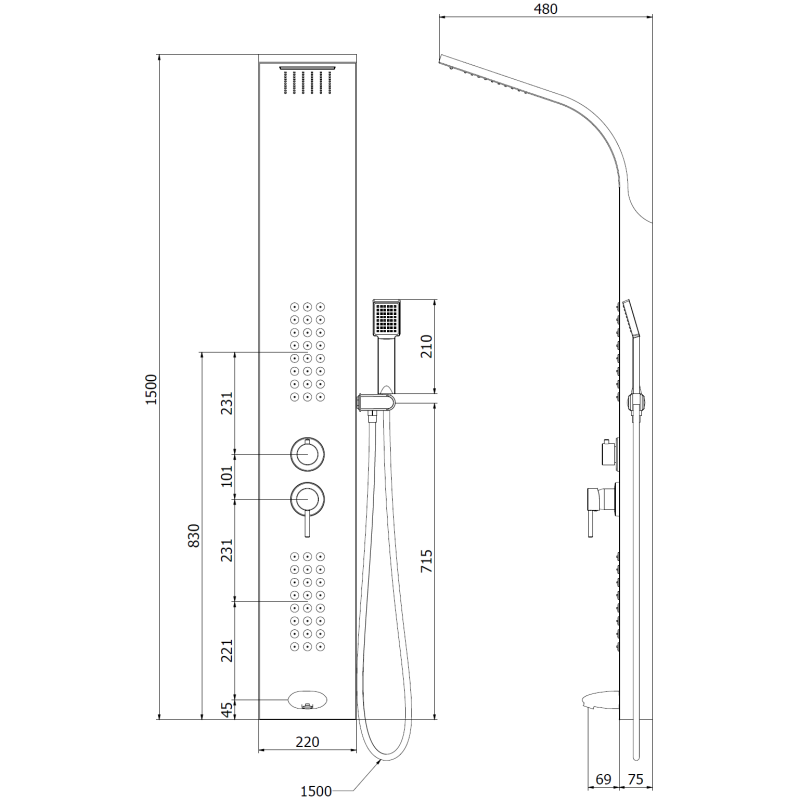 Mexen Ardo shower panel with spout, black - 7617-04-70