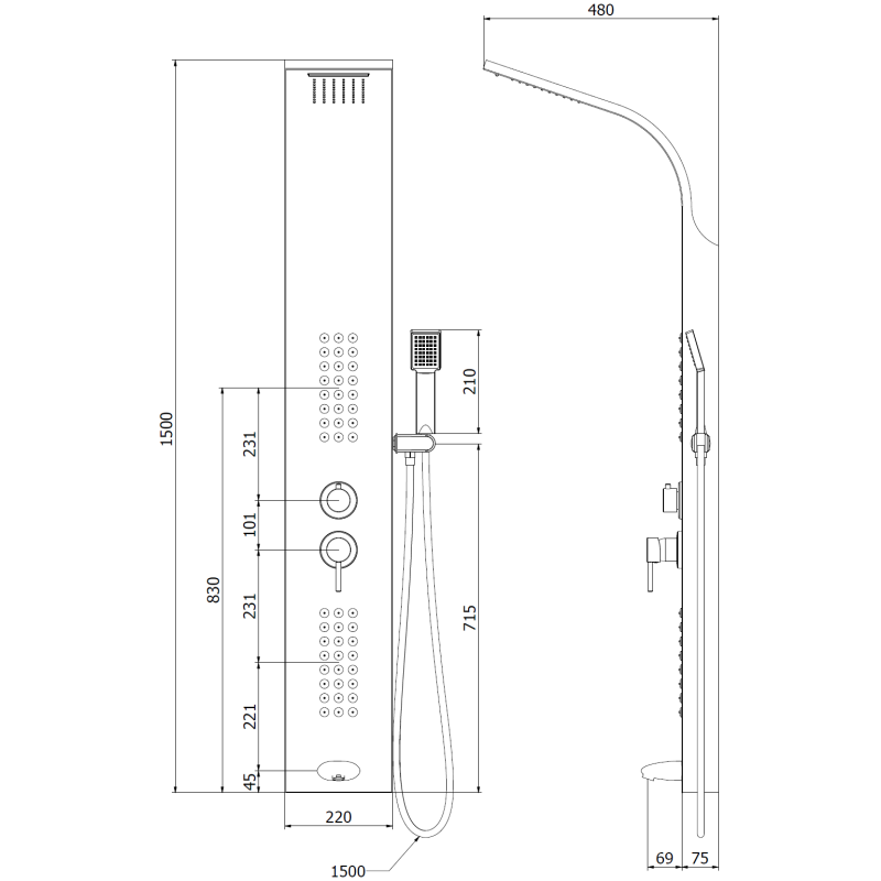 Mexen Ardo tuš panel z izlivom, črn - 7617-04-70