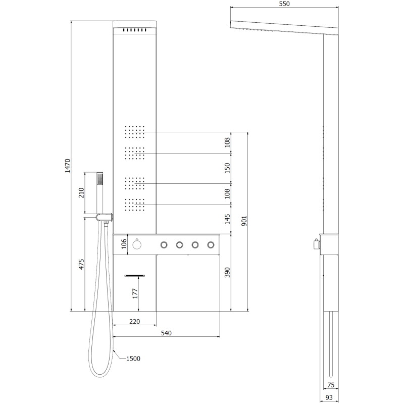Mexen Natan painel de duche com bica, preto - 7626-04-70