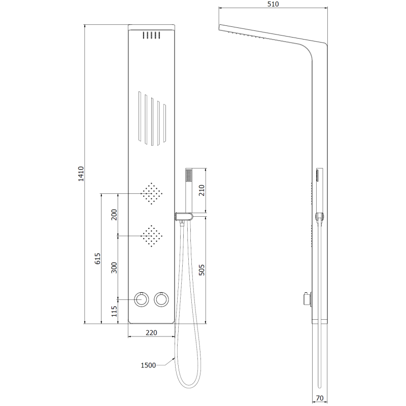 Mexen Navas painel de duche, preto - 7627-02-70