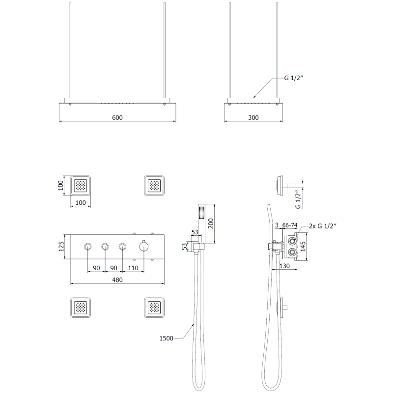 Mexen Soler ensemble de douche encastré, noir - 7601-04-70