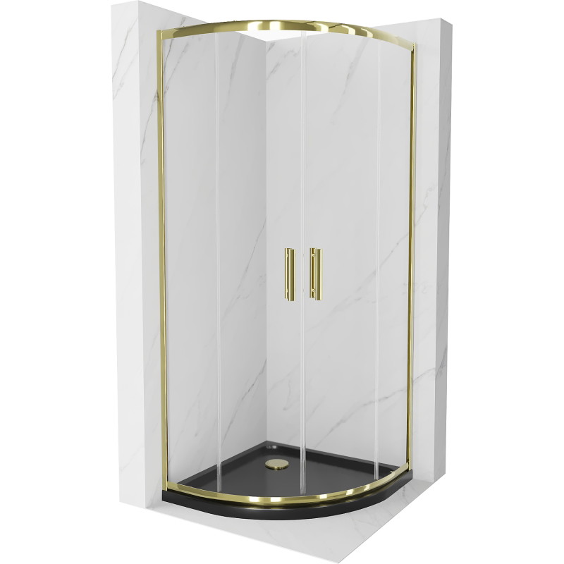 Mexen Rio halfronde douchecabine 80 x 80 cm, transparant, goud + Flat douchebak, zwart - 863-080-080-50-00-4170G