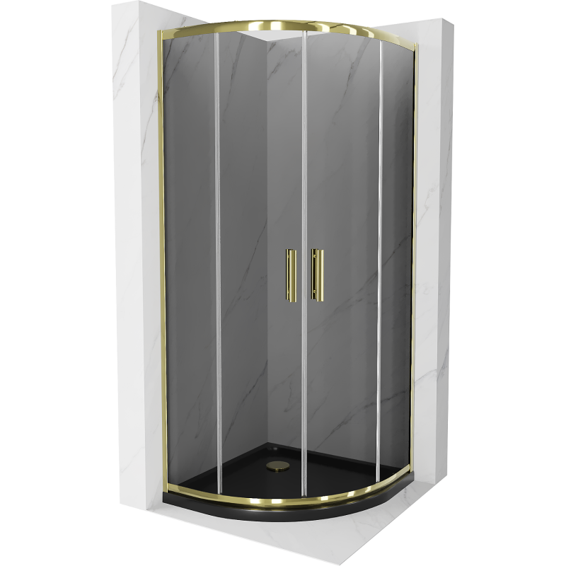Mexen Rio douchecabine halfrond 90 x 90 cm, grafiet, goud + Flat douchebak, zwart - 863-090-090-50-40-4170G