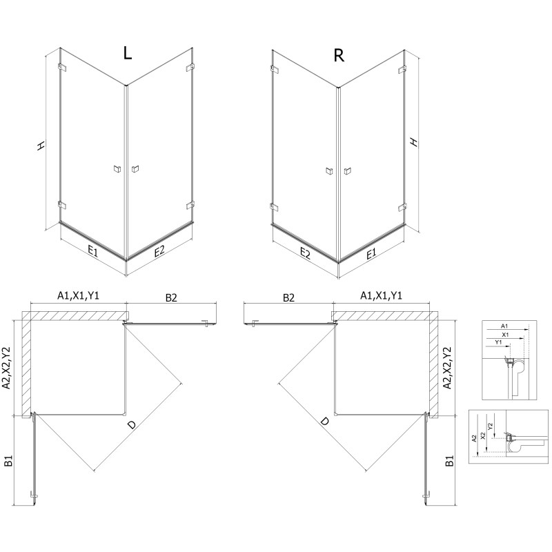 Mexen Lunar-B Duo hinged dušikabiin 95 x 70 cm, läbipaistev, kuldne - 832-095L-070P-50-00