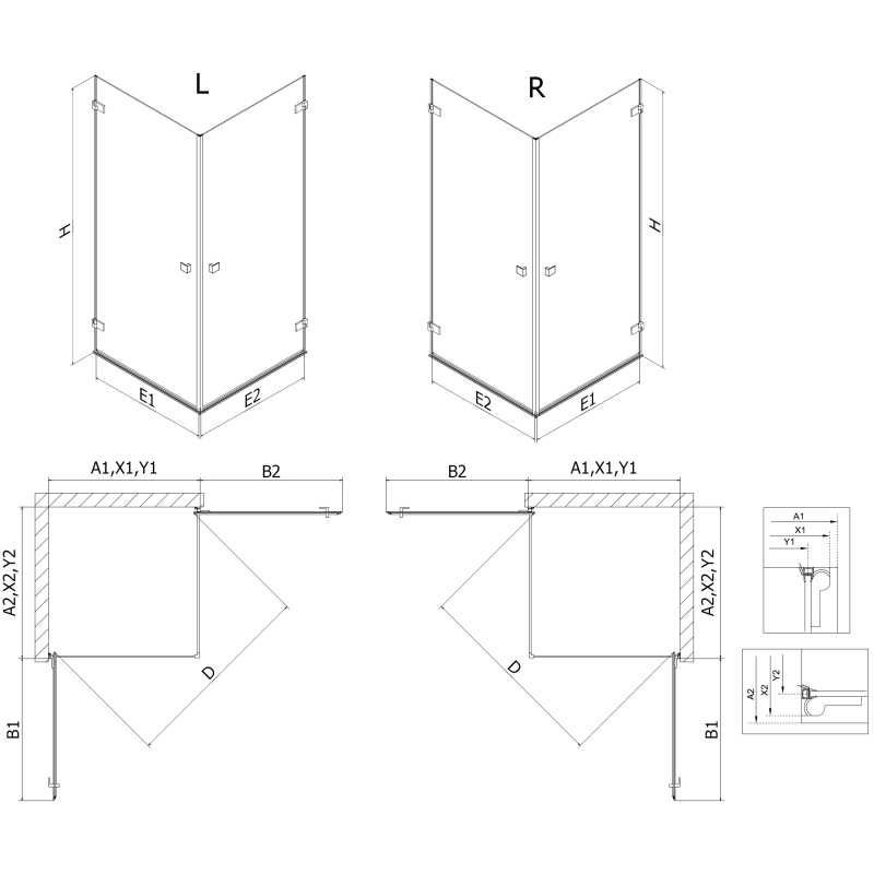 Mexen Lunar-B Duo nihajna tuš kabina 100 x 90 cm, prozorna, črna - 832-100L-090P-70-00