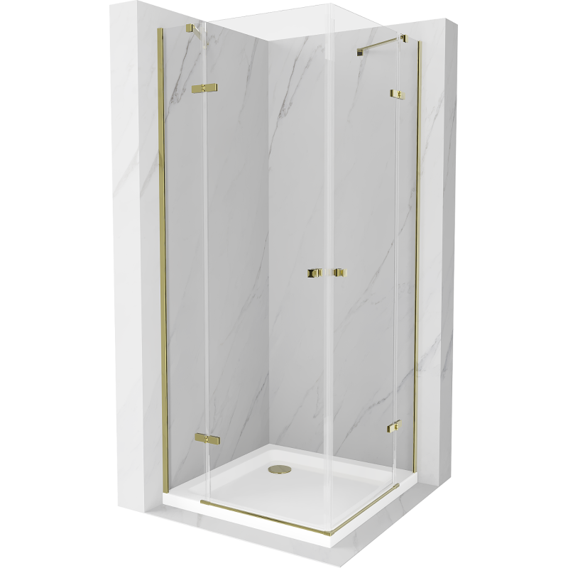 Mexen Roma Duo cabine de duche articulada 80 x 80 cm, transparente, dourada + base de duche Flat - 854-080-080-50-02-4010G