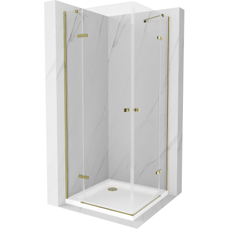 Mexen Roma Duo Duschkabine mit schwenkbarer Tür 90 x 90 cm, transparent, gold + Flat Duschwanne - 854-090-090-50-02-4010G