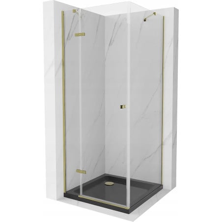 Mexen Roma cabine de douche pivotante 80 x 80 cm, transparente, or + receveur Flat, noir - 854-080-080-50-00-4070G