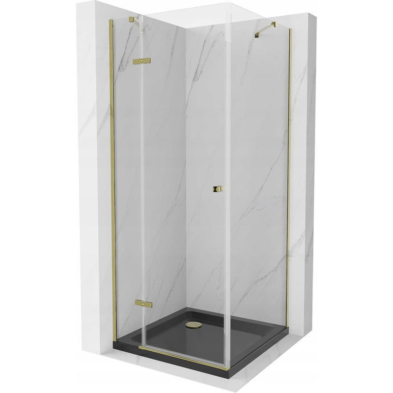 Mexen Roma douchecabine scharnierend 90 x 90 cm, transparant, goud + Flat douchebak, zwart - 854-090-090-50-00-4070G