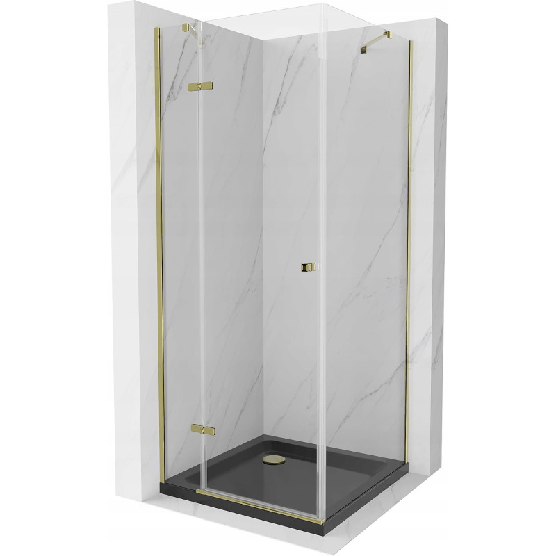 Mexen Roma schuifdouche 90 x 90 cm, transparant, goud + Flat douchebak, zwart - 854-090-090-50-00-4070G