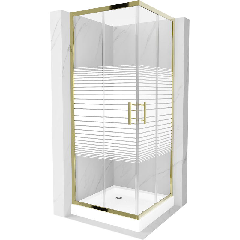 Mexen Rio kvadratisk duschkabin 80 x 80 cm, vita ränder, guld + bricka, vit - 860-080-080-50-20-4510