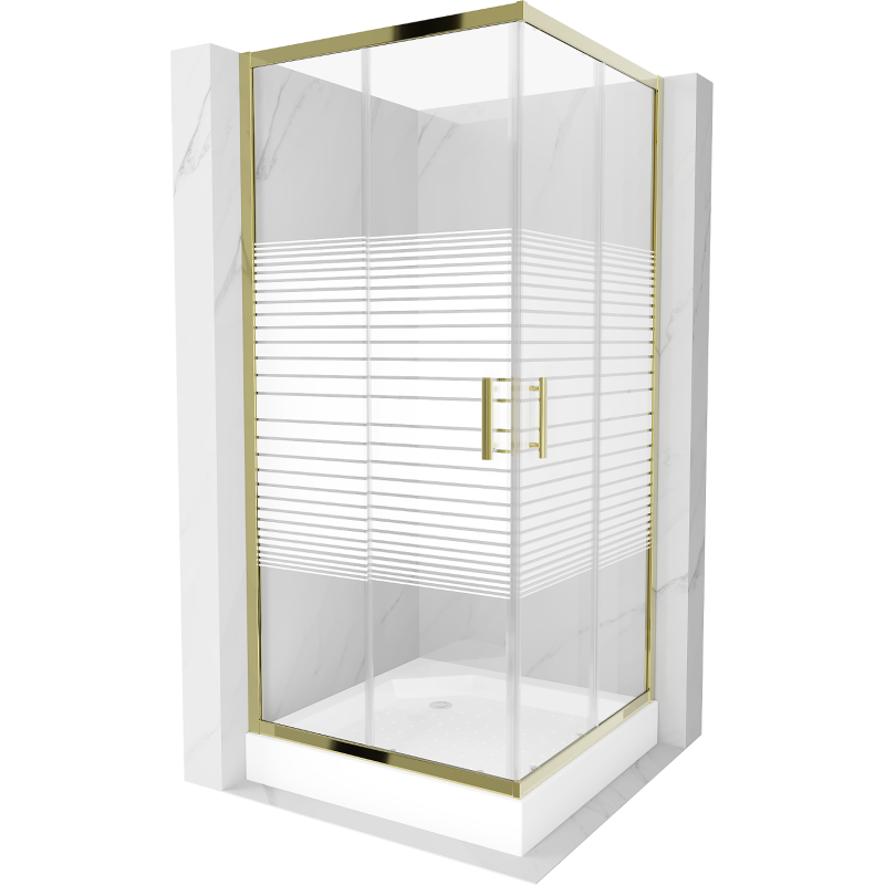 Mexen Rio quadratische Duschkabine 90 x 90 cm, weiße Streifen, gold + Duschwanne, weiß - 860-090-090-50-20-4510