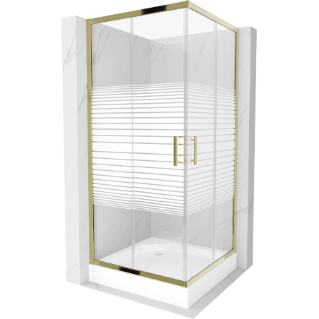 Mexen Rio cabina doccia quadrata 90 x 90 cm, strisce bianche, oro + piatto doccia, bianco - 860-090-090-50-20-4510