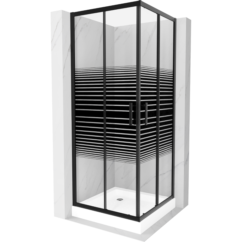 Mexen Rio cabine de duche quadrada 80 x 80 cm, riscas pretas, preto + base de duche, branco - 860-080-080-70-20-4510