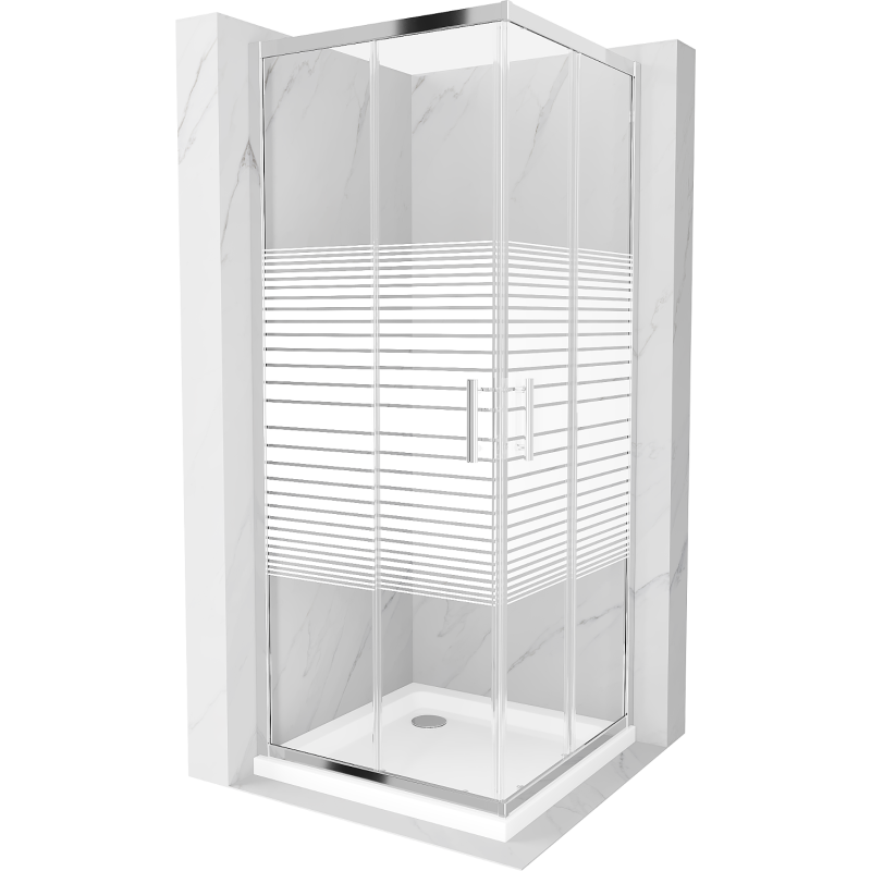 Mexen Rio Kvadratna tuš kabina 90 x 90 cm, bele črte, krom + pladenj Flat, bel - 860-090-090-01-20-4010