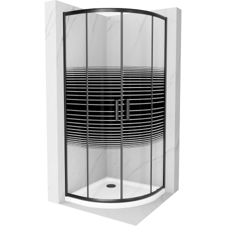 Mexen Rio douchecabine halfrond 80 x 80 cm, zwarte strepen, zwart + Flat douchebak, wit - 863-080-080-70-20-4110B