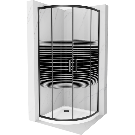 Mexen Rio semi-circular shower cabin 80 x 80 cm, black stripes, black + Flat shower tray, white - 863-080-080-70-20-4110B
