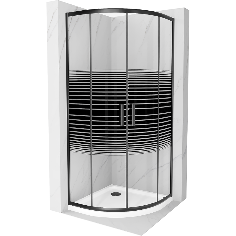 Mexen Rio cabine de duche semicircular 90 x 90 cm, riscas pretas, preto + base de duche Flat, branco - 863-090-090-70-20-4110B