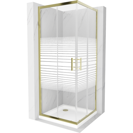 Mexen Rio vierkante douchecabine 80 x 80 cm, witte strepen, goud + Flat douchebak, wit - 860-080-080-50-20-4010G