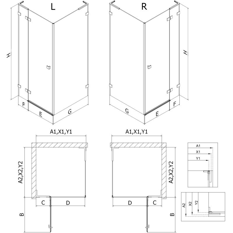 Mexen Lunar L duschkabin med svängbar dörr vänster 90 x 80 cm, transparent, guld - 834L-090-080-50-00-L