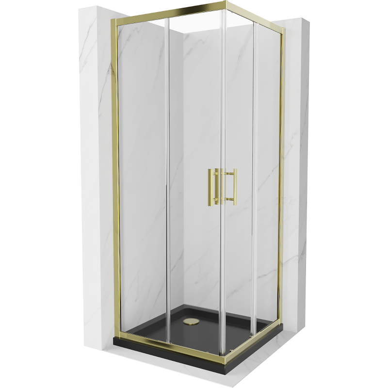 Mexen Rio vierkante douchecabine 70 x 70 cm, transparant, goud + Flat douchebak, zwart- 860-070-070-50-00-4070G