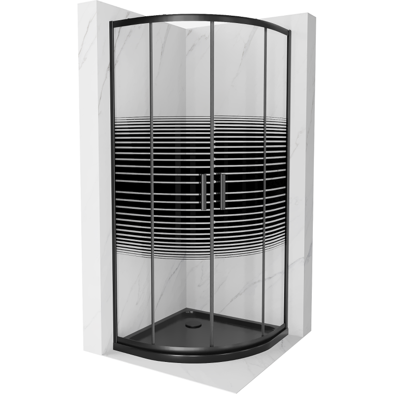 Mexen Rio cabine de douche semi-circulaire 80 x 80 cm, bandes noires, noir + receveur de douche Flat, noir - 863-080-080-70-20-?