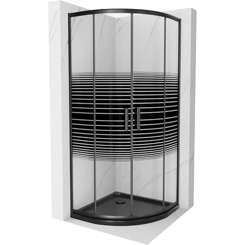 Mexen Rio halvrund duschkabin 80 x 80 cm, svarta ränder, svart + Flat duschkar, svart - 863-080-080-70-20-4170B