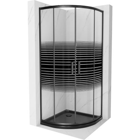 Mexen Rio Halbrunde Duschkabine 80 x 80 cm, schwarze Streifen, schwarz + Flat Duschwanne, schwarz - 863-080-080-70-20-4170B