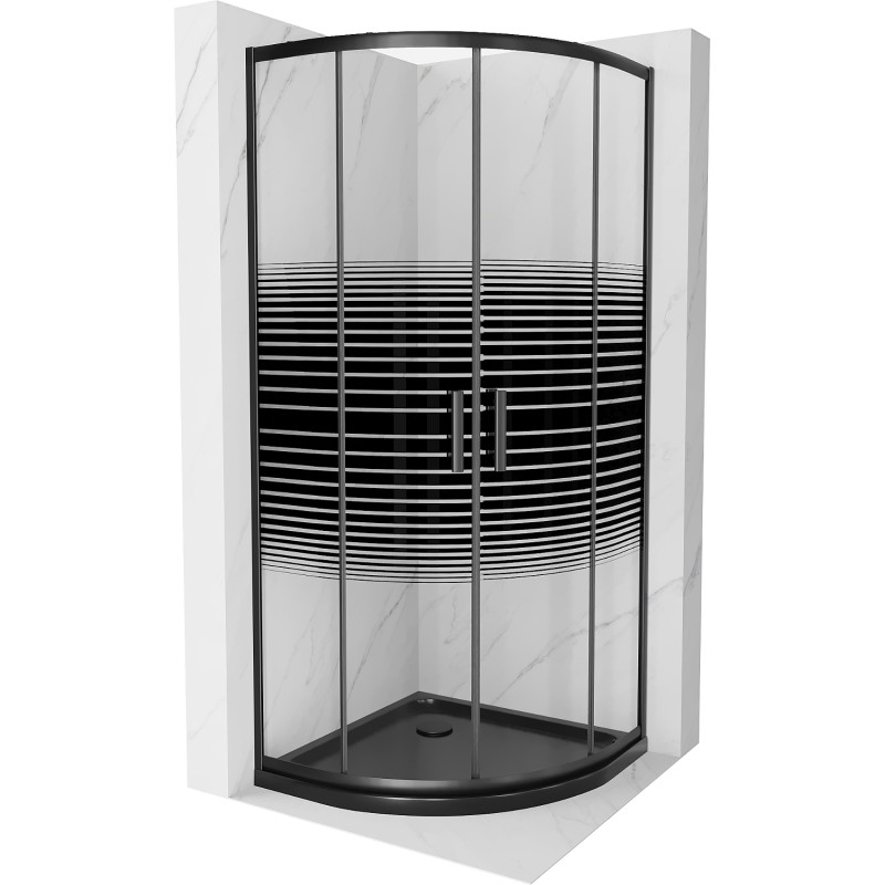 Mexen Rio polukružna tuš kabina 90 x 90 cm, crne pruge, crna + plitica Flat, crna - 863-090-090-70-20-4170B