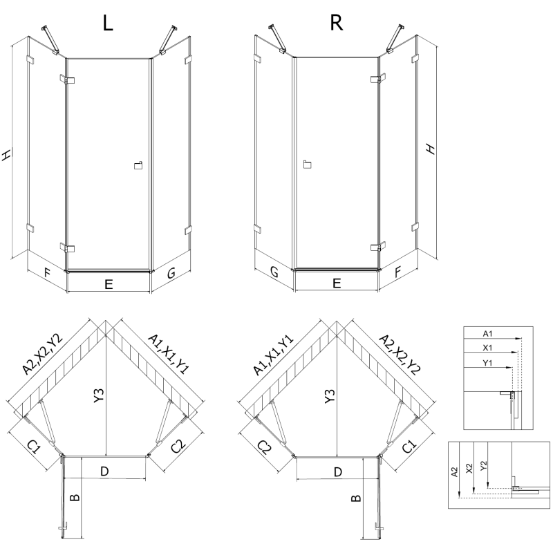 Mexen Lunar cabine de duche pentagonal articulada esquerda 100 x 80 cm, transparente, metal escuro - 831-100L-080P-95-00-L