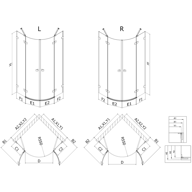 Mexen Lunar cabine de douche semi-circulaire pivotante gauche 100 x 70 cm, transparent, or brossé - 833-100L-070P-55-00