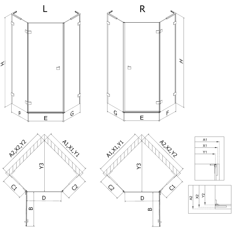 Mexen Lunar L Fünfeck-Duschkabine links öffnend 100 x 90 cm, transparent, Gunmetal - 831L-100L-090P-95-00-L