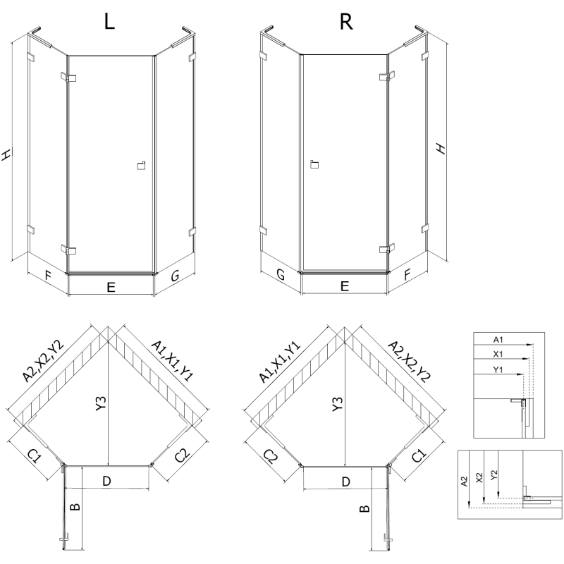 Mexen Lunar L cabina de ducha pentagonal abatible derecha 80 x 80 cm, transparente, níquel cepillado - 831L-080P-080L-97-00-P