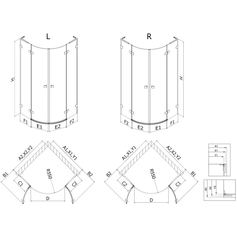 Mexen Lunar L cabine de douche demi-circulaire pivotante gauche 80 x 70 cm, transparent, or rose - 833L-080L-070P-60-00