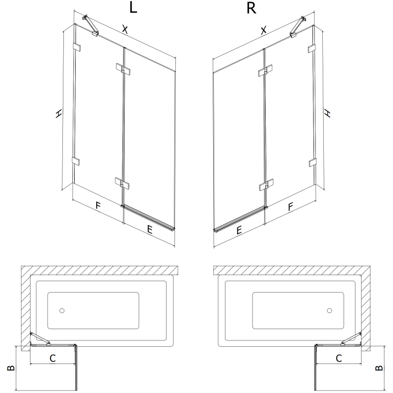 Mexen Lunar badwand 2-delig rechts 130 x 150 cm, transparant, geborsteld koper - 897-130-100-65-00-P