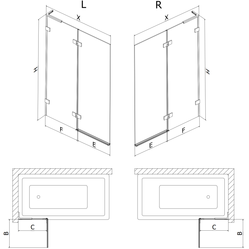 Mexen Lunar L parapeito de banho de 2 painéis, direito 120 x 150 cm, transparente, branco - 897L-120-100-20-00-P
