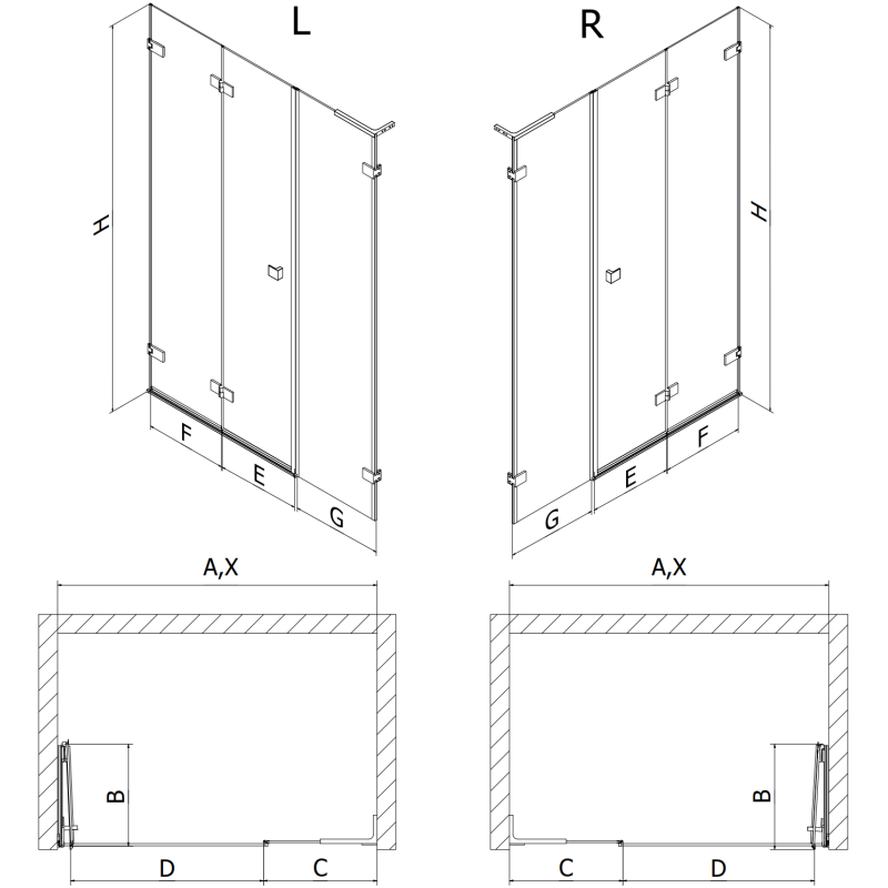 Mexen Lunar-F L puerta de ducha plegable izquierda 145 cm, transparente, dorado cepillado - 836SL-145-050-55-00-L