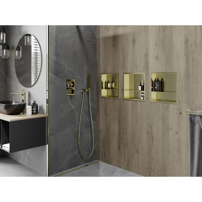 Mexen X-Wall-R Nischenregal mit Flansch und Regal 30 x 30 cm, gebürstetes Gold - 1950303010S
