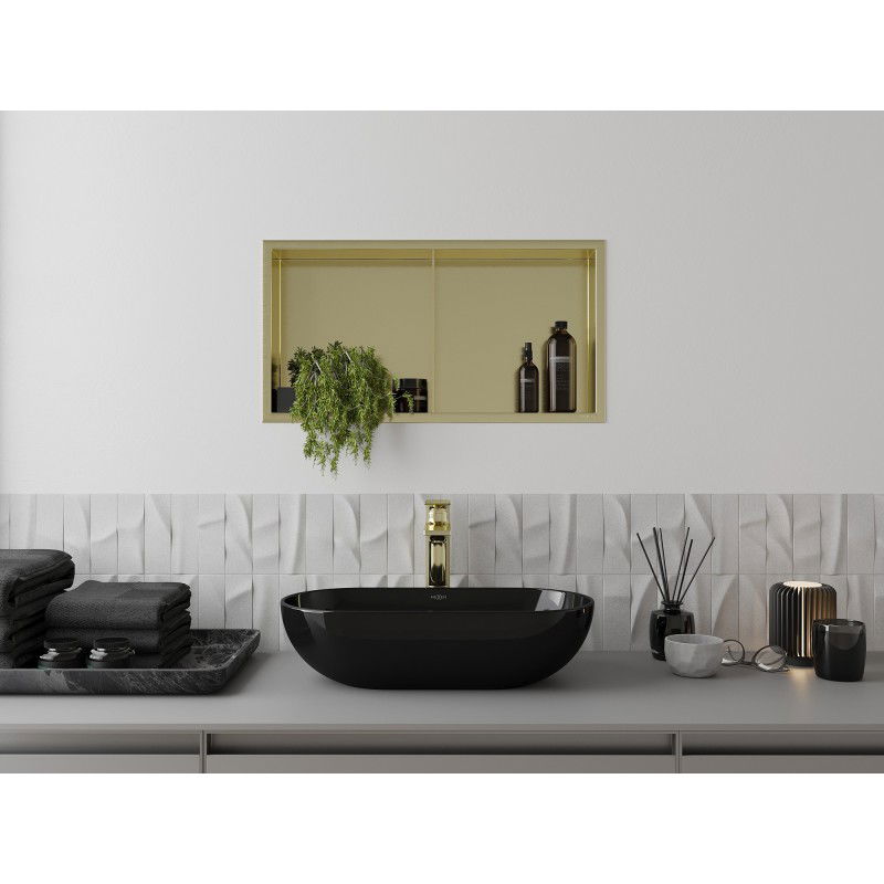 Mexen X-Wall-R nisvak met witte rand en plank 60 x 30 cm, geborsteld goud - 1950603010S