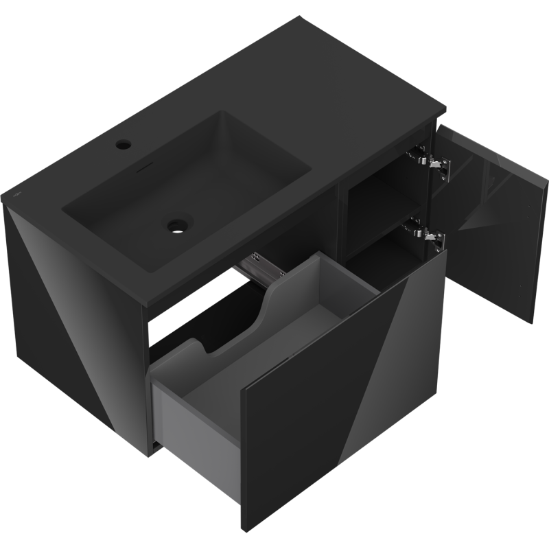 Mexen Orio mueble de baño 90 cm con lavabo Otis izquierdo, 1S, 1D, negro brillo/negro mate - 91A13-09047-3-BBFF70-W18L71