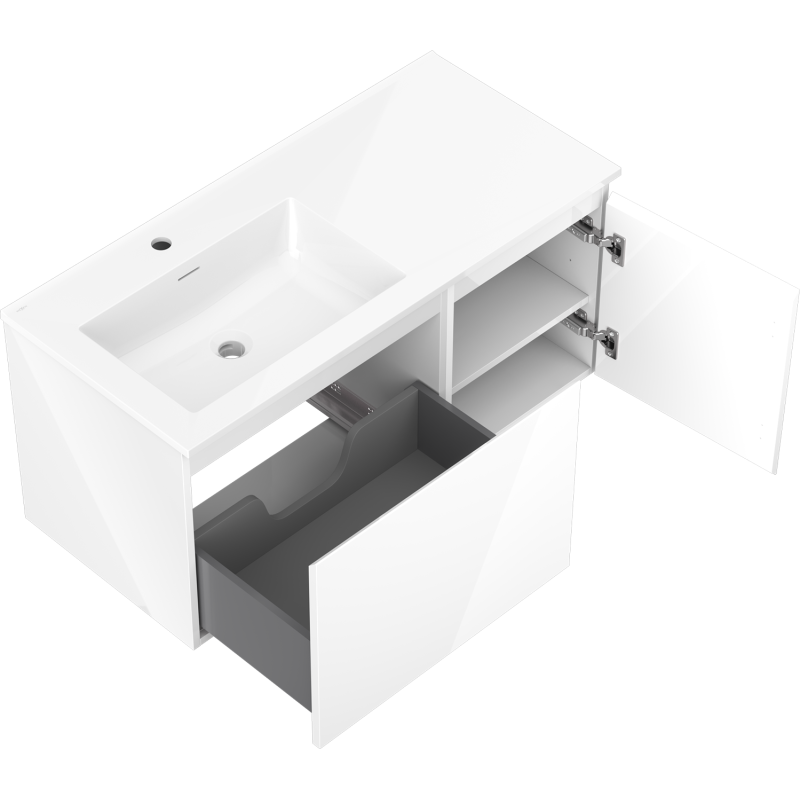 Mexen Orio armario de baño 100 cm con lavabo Otis izquierdo, 1 cajón, 1 puerta, blanco brillo - 91A13-10047-3-BBFF00-W18L00