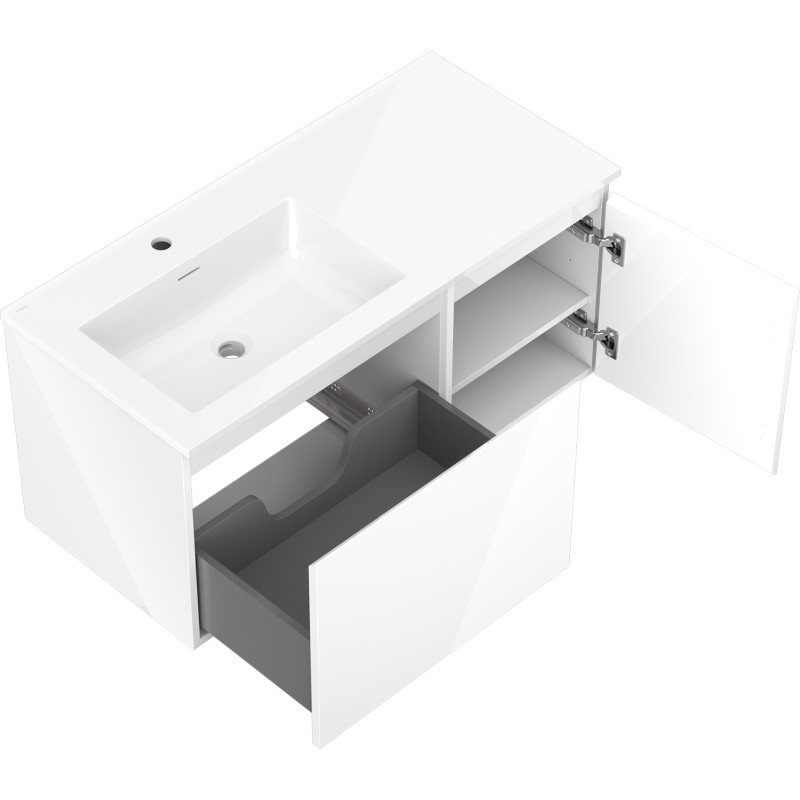 Mexen Orio Badezimmerschrank 100 cm mit Waschbecken Otis links, 1S, 1T, weiß glänzend - 91A13-10047-3-BBFF00-W18L00