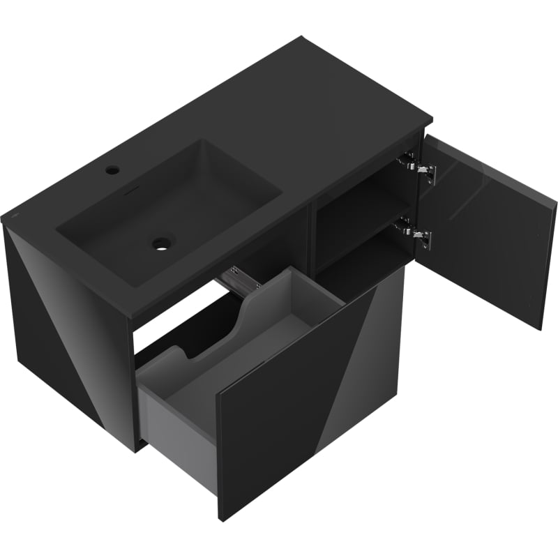 Mexen Orio 100 cm Bathroom Cabinet with Otis Left Sink, 1S, 1D, Black Gloss/Black Matte - 91A13-10047-3-BBFF70-W18L71