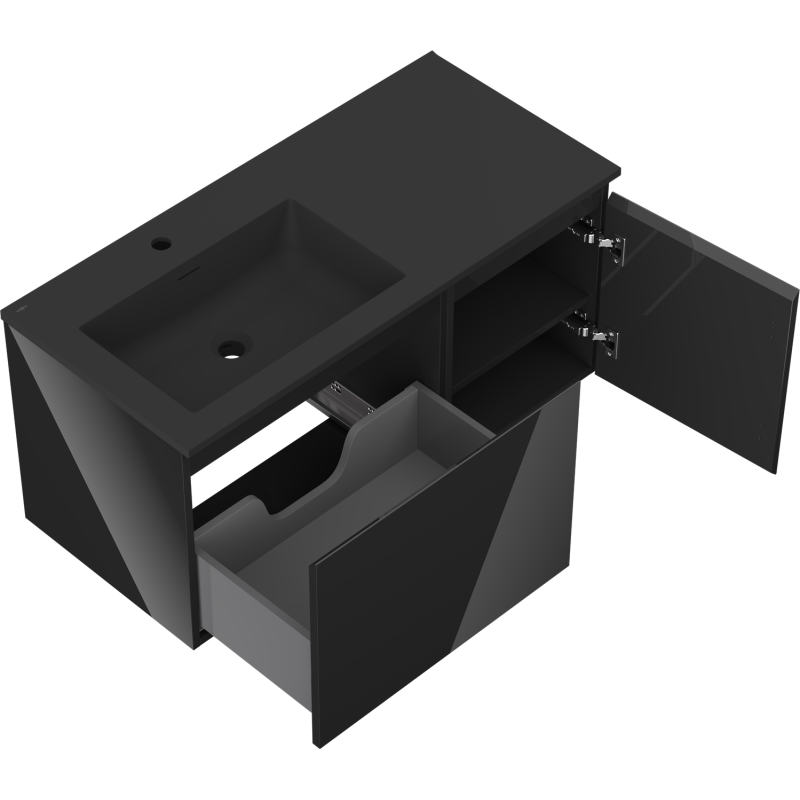 Mexen Orio meuble de salle de bain 100 cm avec lavabo Otis gauche, 1S, 1D, noir brillant/noir mat - 91A13-10047-3-BBFF70-W18L71