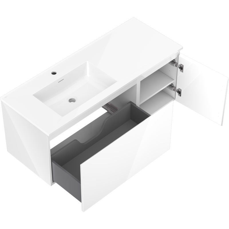 Mexen Orio mueble de baño de 120 cm con lavabo Otis izquierdo, 1 cajón, 1 puerta, blanco brillo - 91A13-12047-3-BBFF00-W18L00