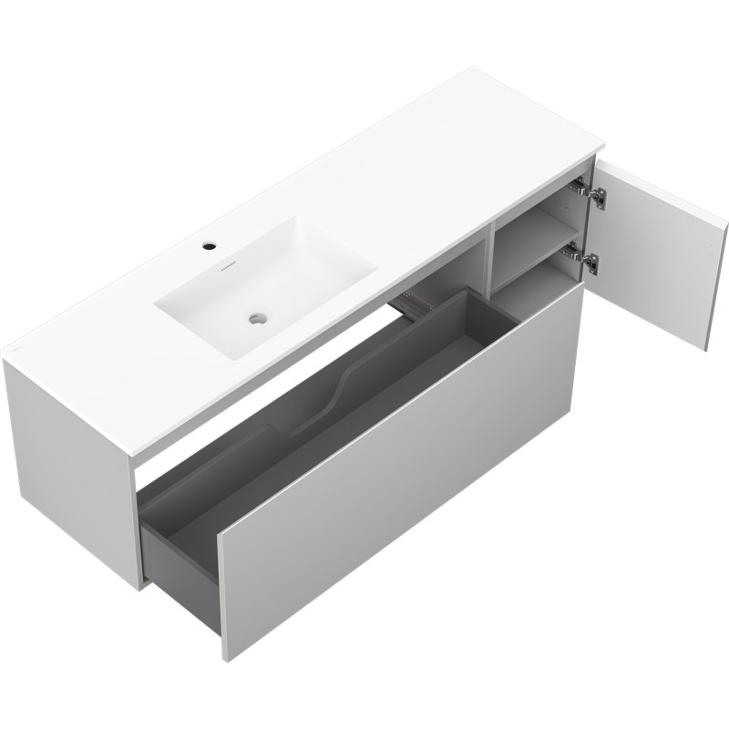 Mexen Orio Badezimmerschrank 160 cm mit linkem Waschbecken Otis, 1S, 1D, grau matt/weiß matt - 91A13-16047-3-BBFF62-W18L01